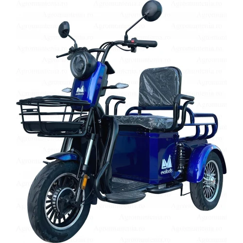 Triciclu Electric pentru Persoane TRP500 Albastru – putere maxima 700W, 48V/20Ah, autonomie 35 km, afisaj digital, 3+R, spatiu depozitare, fara permis