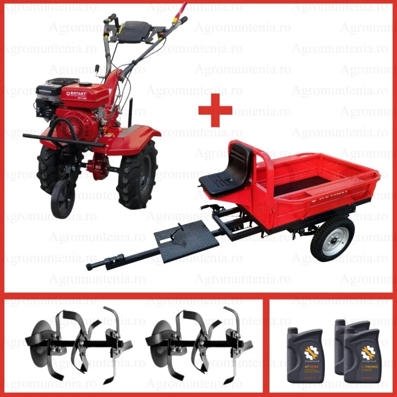 Motocultor Rotakt RO110RV motor 8 CP benzina latime lucru 90 cm 2+1 viteze freze roti cauciuc 5.00-8 roata frontala + Remorca Rotakt REM400-1 + Ulei
