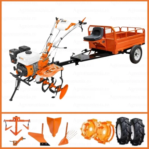 Motosapa RURIS DAC 185, 8.5 CP, 208 cc, roti cauciuc + roti metalice 400 + rarita + plug + dispozitiv cartofi + cultivator + remorca 550 kg