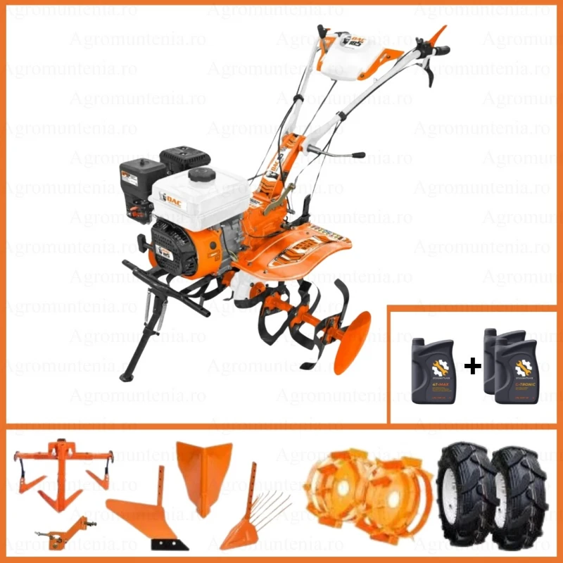 Motosapa RURIS DAC 185, 8.5 CP, 208 cc, roti cauciuc + roti metalice 400 + rarita + plug + dispozitiv cartofi + cultivator + ulei Motosapa RURIS DAC 185, 8.5 CP, 208 cc, roti cauciuc + roti metalice 400 + rarita + plug + dispozitiv cartofi + cultivator + ulei