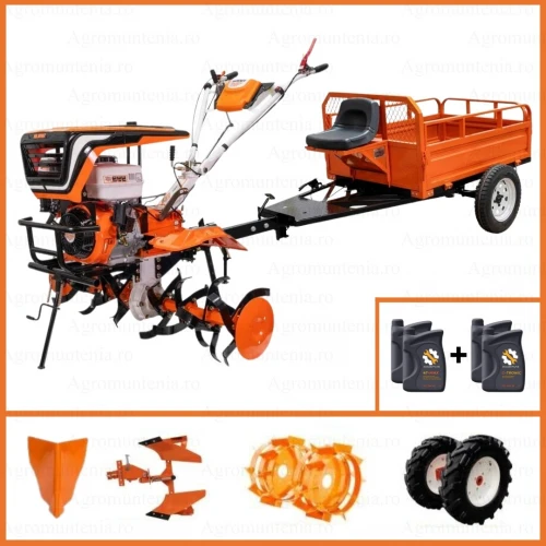 Motosapa RURIS 915ACC, 15 CP, 420 CC, 4 timpi, latime lucru 110 cm, adancime lucru 36 cm, roti cauciuc, rarita, plug reversibil, roti metalice, remorca 550s, ulei