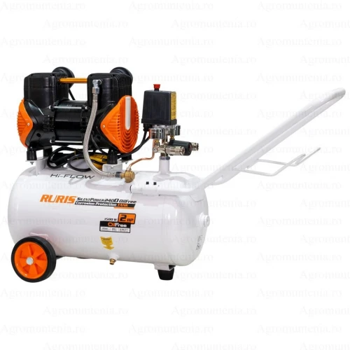Compresor Silentios RURIS Silent Power 2400 OilFree – 1500W, 2CP, 24L, 236 l/min, 8 Bar, Fara Ulei, 2 Cilindri, 2 Iesiri, Protectii Multiple