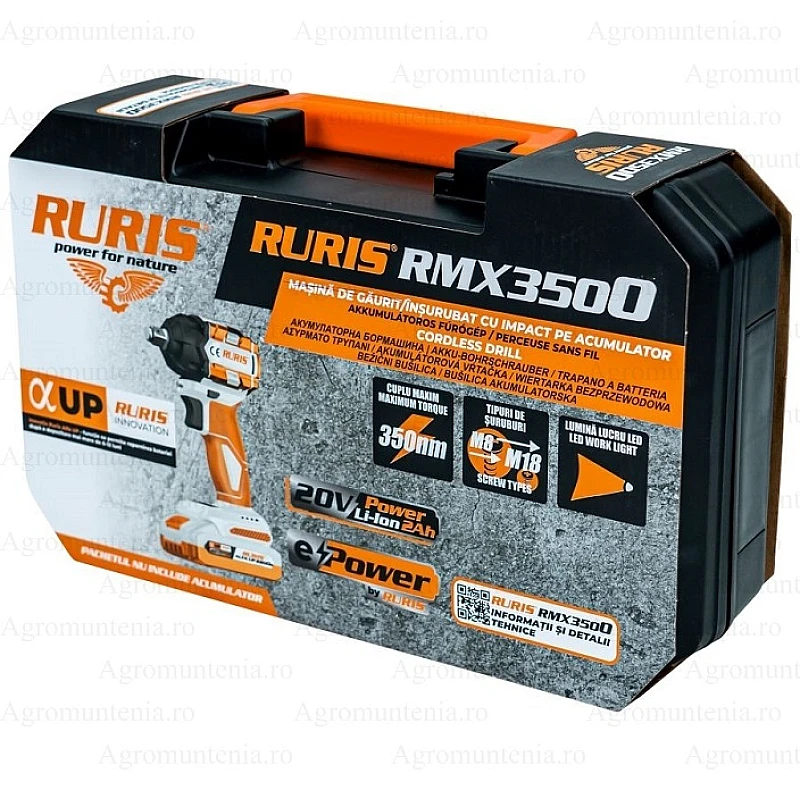 Masina de insurubat cu impact pe acumulator RURIS RMX3500 Power Alfa UP, 350 Nm, 2400 rpm, 3300 bpm, prindere patrat 1/2 inch, acumulator 20V, 2Ah, incarcator