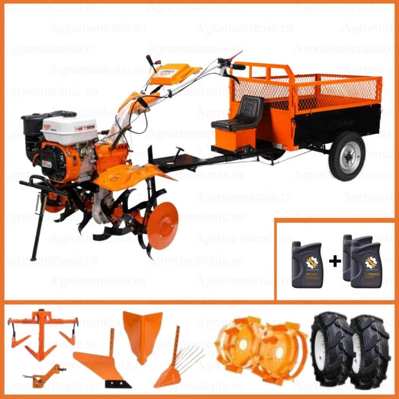Motosapa RURIS 731ACC3, roti cauciuc 5.00-8, rarita, plug, adaptor, dispozitiv scos cartofi, roti metalice, cultivator, Remorca TTS500, 500 kg, Ulei