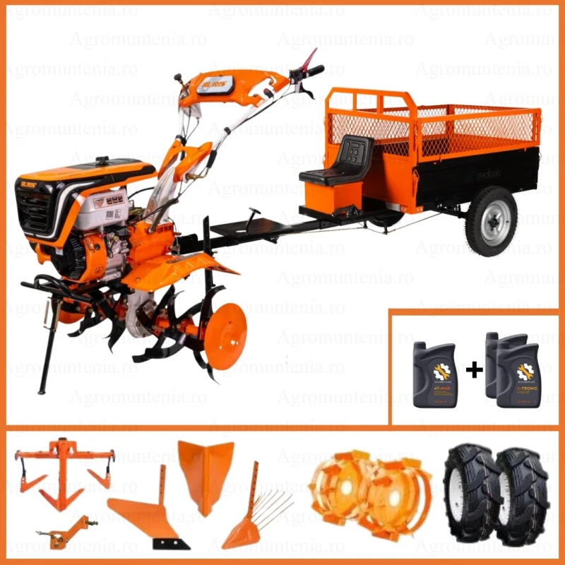 Motosapatoare Ruris 732ACC, 8.5 CP, roti cauciuc 5.00-8, rarita, plug, adaptor, dispozitiv scos cartofi, roti metalice 400 fara manicot, cultivator, Remorca TTS500, 500 kg