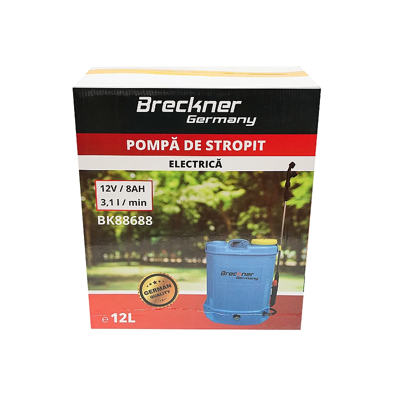 Pompa electrica/pulverizator de stropit vermorel, rezervor 12L baterie 12V 8Ah debit 3.1 l/min Breckner Germany