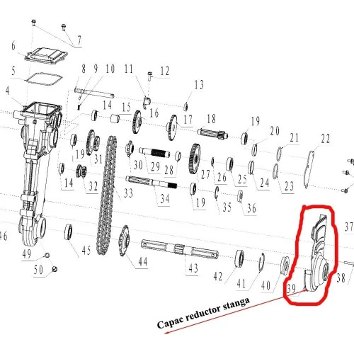 Capac reductor stanga RURIS PS6500k-1-39, pentru motosapa Dac, Ruris, Zimbru, Gigant Capac reductor stanga RURIS PS6500k-1-39, pentru motosapa Dac, Ruris, Zimbru, Gigant