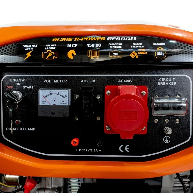 Generator de curent RURIS R-Power GE8000, motor General Engine, benzina, 459 CC, 4T, 14 CP, putere maxima 7500 W, cadru, roti deplasare