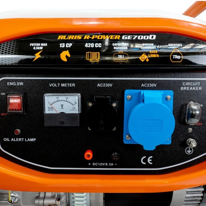 Generator de curent RURIS R-Power GE7000, motor General Engine, benzina, 420 CC, 4T, 13 CP, putere maxima 6500 W, cadru, roti deplasare