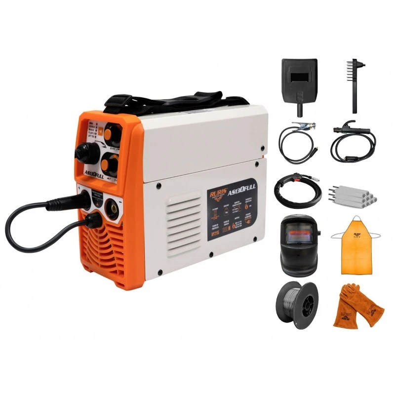Aparat de sudura AS130FULL + KIT PRO W2 RURIS, aparat tip invertor, tip sudura MIG/LIFT TIG/MMA, diametru electrozi 1.6 mm - 3.2 mm