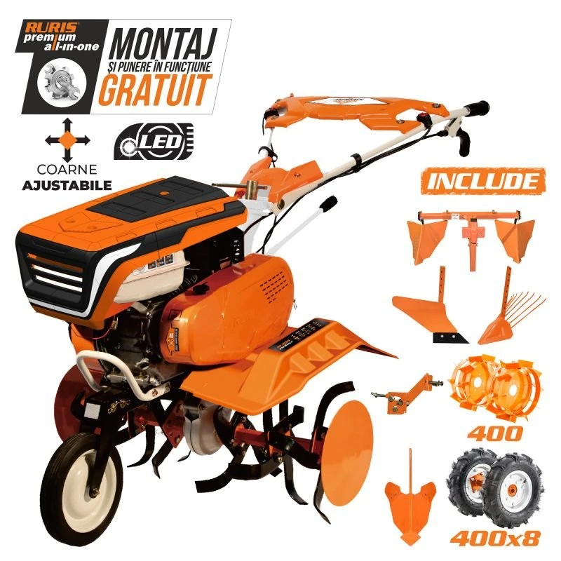 Motosapa RURIS 7500ACC5, roti cauciuc 4.00-8, rarita ajustabila, plug, adaptor, dispozitiv cartofi, cultivator, roti metalice, contragreutati