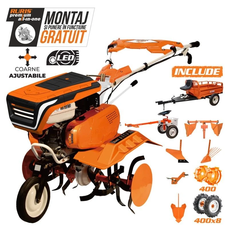 Motosapa Ruris 7500ACC6, roti cauciuc 4.00-8, rarita ajustabila, plug, adaptor, dispozitiv cartofi, cultivator multifunctional, accesoriu tractat, roti metalice 400 fara manicot, remorca Ruris 550S