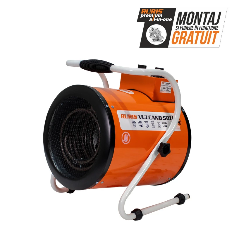 Aeroterma electrica RURIS Vulcano 500, 5000 W, debit aer 411 mc/h, 3 trepte de putere, suprafata incalzita 48 mp