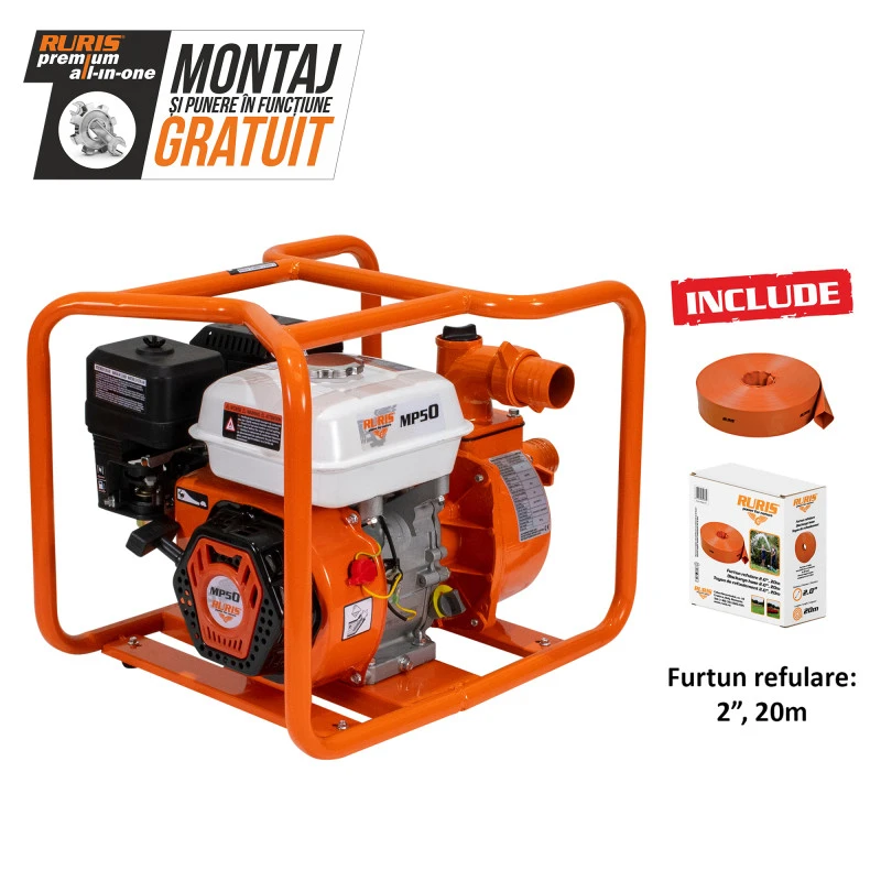 Motopompa RURIS MP50, motor benzina General Engine, 4 timpi, 212 CC, 7 CP, furtun refulare 2 inch, 20 m, absorbtie 8 m, refulare verticala 25 m