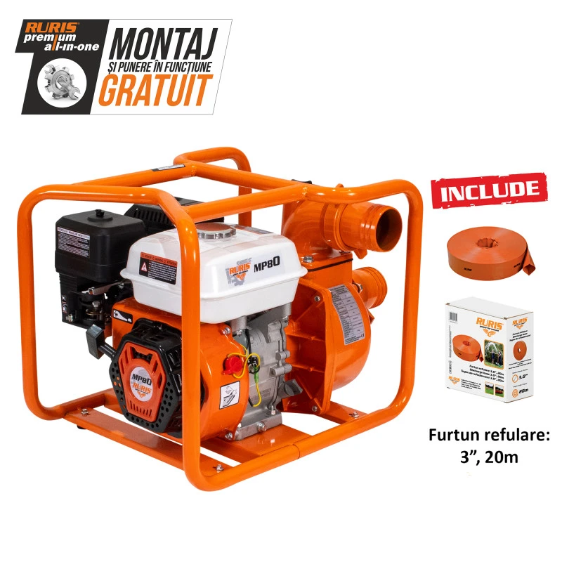Motopompa RURIS MP80, motor benzina General Engine, 4 timpi, 212 CC, 7 CP, furtun refulare 3 inch, 20 m, absorbtie 8 m, refulare verticala 25 m