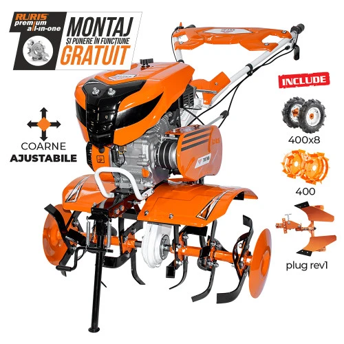 Motosapa Ruris 701KS, 7 CP, benzina, 4T, 208 CC, latime lucru 83 cm, rezervor 3.6 l, roti cauciuc + plug reversibil mic + roti metalice fara manicot