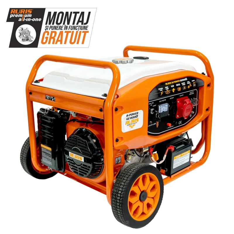 Generator de curent RURIS R-Power GE8000, motor General Engine, benzina, 459 CC, 4T, 14 CP, putere maxima 7500 W, cadru, roti deplasare