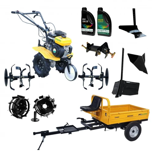ProGARDEN Pachet Campo 703 Motocultor 7CP + Remorca RM500C + Plug simplu + 2xPlug bilonat/rarita + Adaptor + 2 Roti metalice 350x6 + 2L Ulei