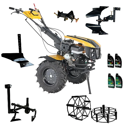 ProGARDEN Pachet Campo 1873 Alpine V2  Motocultor 18CP + Plug bilonat + Plug reversibil + Prasitoare + Adaptor +  2 roti metalice 540x170 + 4L Ulei