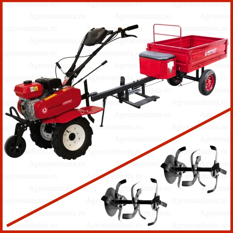 Motocultor Rotakt Junior RO70ECO, 7CP, benzina, freze, roti de cauciuc + Remorca Rotakt REM300S