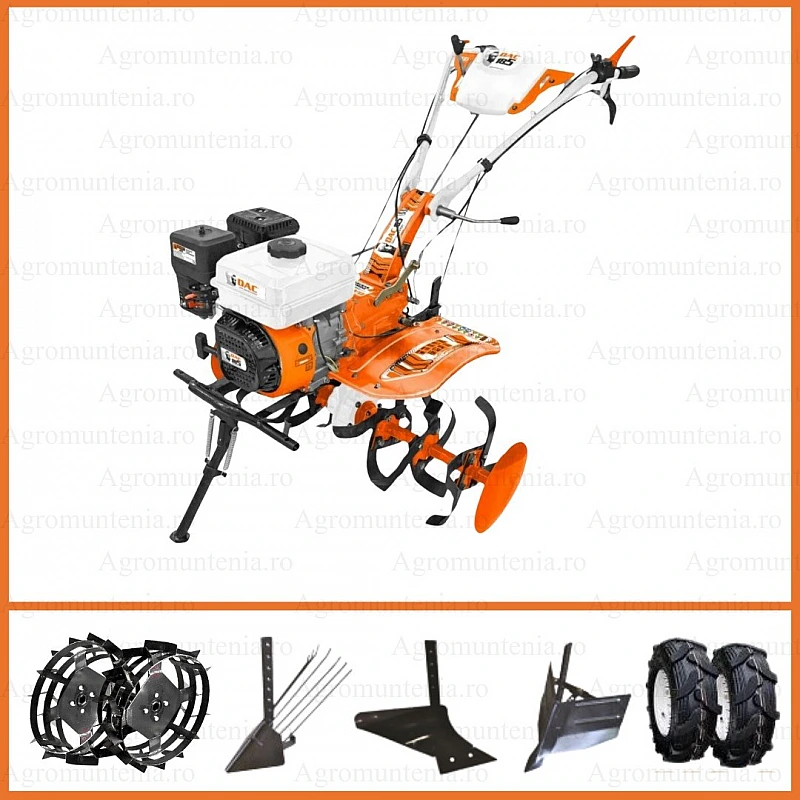 Motosapa pe benzina RURIS DAC 185 + roti cauciuc 5.00-8 18512024, putere neta 8.5 CP, motor 4T, 208 CC + roti metalice, dispozitiv de cartofi, plug, rarita