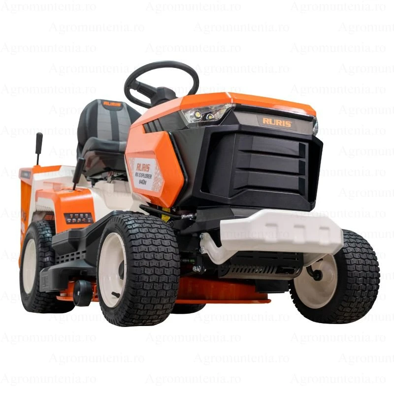 Tractor de tuns gazon Ruris Explorer 840M – Motor Loncin 15 CP, Latime de taiere 840 mm, 3 functii (colectare, mulching, spalare)