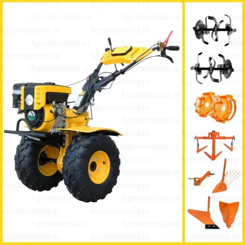 Motocultor 4x4 ProGARDEN Campo 873 Alpine 7CP, 2+1, freze, benzina, roti ATV, 2 prize putere, roti metalice, cultivator, dispozitiv de scos cartofi, plug, rarita, adaptor accesorii