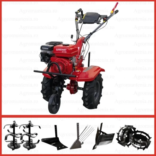 Motocultor Rotakt RO110RV motor 8 CP benzina latime lucru 90 cm 2+1 viteze freze roti cauciuc 5.00-8 roata frontala, plug, rarita, dispozitiv de scos cartofi, roti metalice