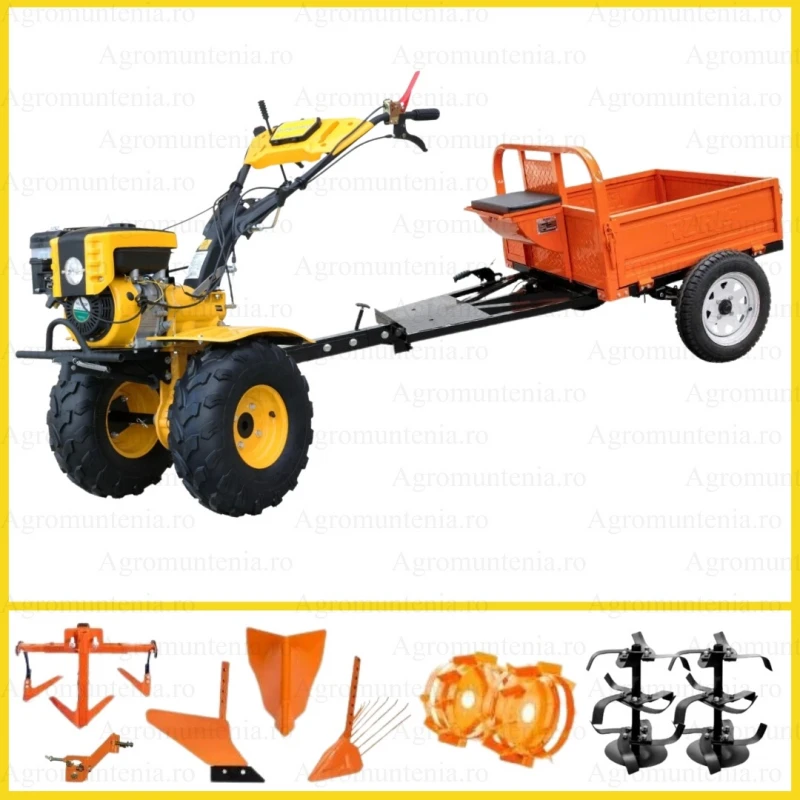 Motocultor 4x4 ProGARDEN Campo 873 Alpine 7CP, 2+1, freze, benzina, roti ATV, 2 prize putere, roti metalice, cultivator, dispozitiv de scos cartofi, plug, rarita, adaptor accesorii, remorca 450 kg