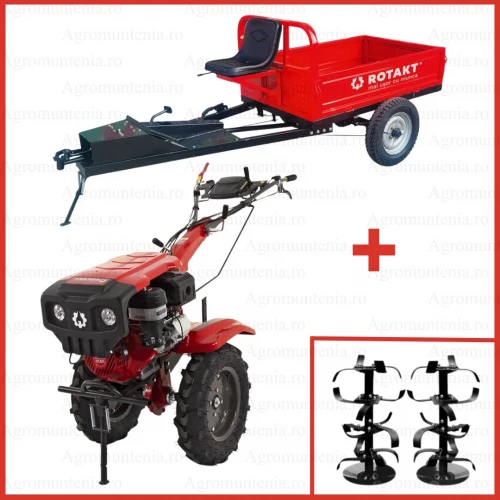 Motocultor Rotakt 4x4 Goliath RO17RE-2P pornire electrica motor 17CP, 2 prize putere, o priza PTO sincronizată pentru 4×4 + Remorca Rotakt cu tractiune 4x4, REM600, 600kg