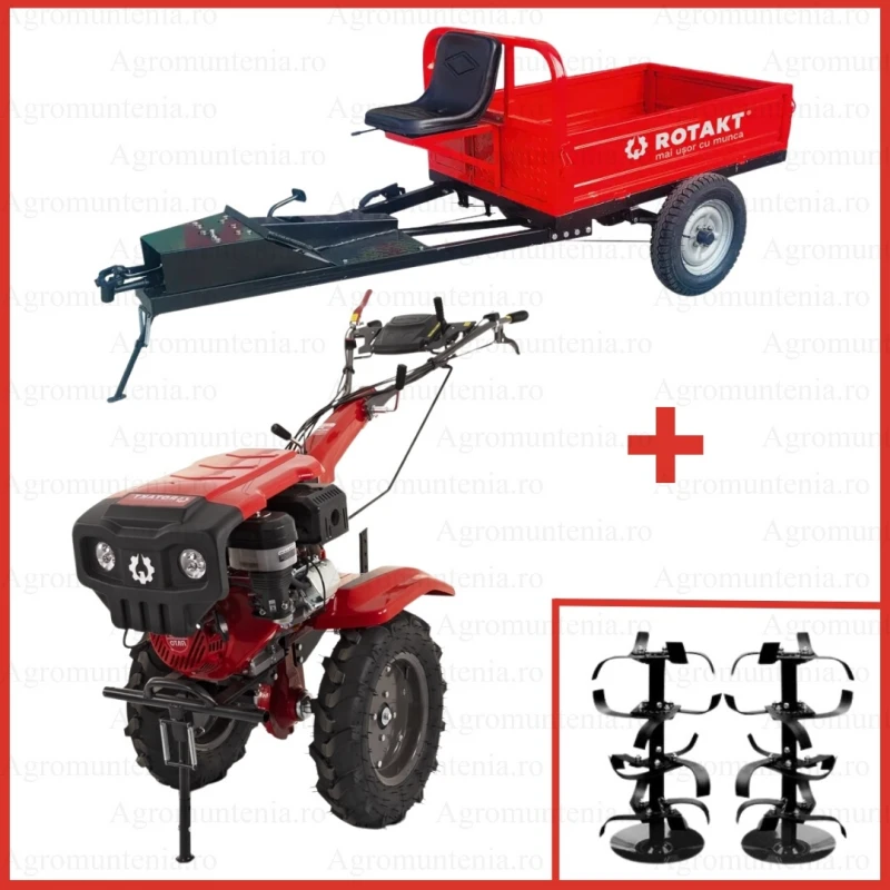 Motocultor Rotakt Goliath RO17RE-2P pornire electrica motor 17CP, 2 prize putere, o priza PTO sincronizată pentru 4×4 + Remorca Rotakt cu tractiune 4x4, REM600, 600kg