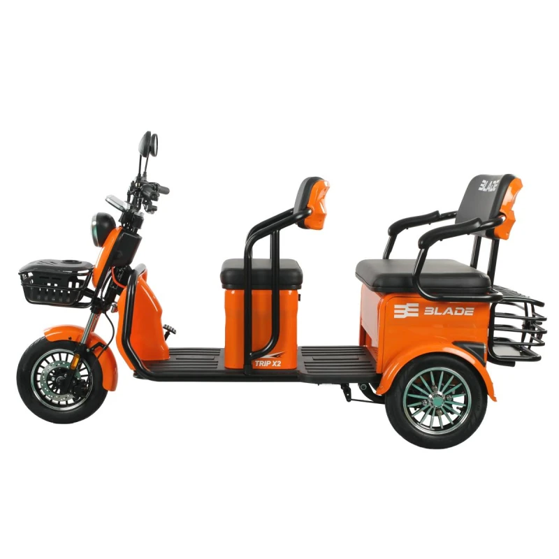 Triciclu electric Blade TRIP X2 2000 W, autonomie pana la 70 km, baterie plumb- acid 72 V 20 Ah, viteza maxima de 25 km/h, conform reglementarilor UE, fara permis, Portocaliu-Negru