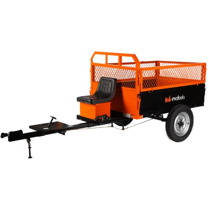 Minitractor Ride-On 4x4 R1200, Evotools PLUS, Motor Diesel KAMA, Pornire Electrica 12 CP, Freze si roti metalice incluse + Remorca Evotools TTS500, pentru minitractor cu grilaj si plasa, capacitate 500 kg