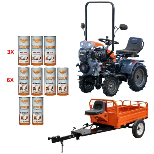 Minitractor Ride-On 4x4 R1200, Evotools PLUS, Motor Diesel KAMA, Pornire Electrica 12 CP, Freze si roti metalice incluse + Remorca RURIS 550S, capacitate 500 kg, ulei