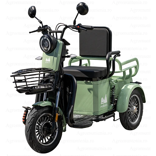 Triciclu electric verde, viteza maxima 25 km/h, 48V/20Ah, autonomie 35 km, 500W nominal / 700W maxim