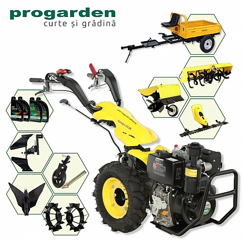 ProGARDEN Pachet Campo U12E Motocultor 12CP + RM500C Remorca 500Kg + BC120M Bara cosire + 3xPlug + FT90 Freza tractata + 2xRoti metalice RM47 + 4L Ulei