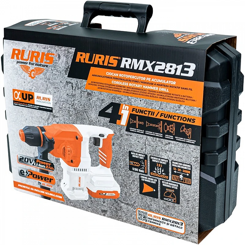 Ciocan rotopercutor pe acumulator RURIS RMX2813 Power Alfa Up 2813RMA2024, SDS Plus, 1150 rpm, 5100 bpm, 2.8 J, acumulator Li-Ion 20V, 2Ah, incarcator