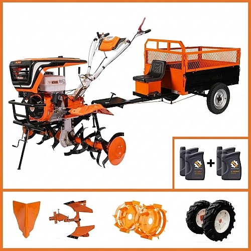 Motosapa RURIS 915ACC, 15 CP, 420 CC, 4 timpi, latime lucru 110 cm, adancime lucru 36 cm, roti cauciuc, rarita, plug reversibil, roti metalice, + Remorca TTS500, 500 kg, ulei