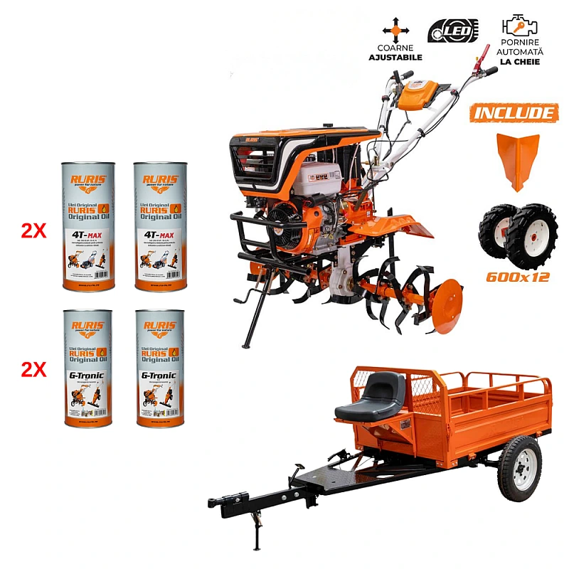 Motosapa RURIS 918K, 18 CP, 4 timpi, 460 cc, latime lucru 110 cm, roti cauciuc 6.00-12 + rarita + Remorca RURIS 550S