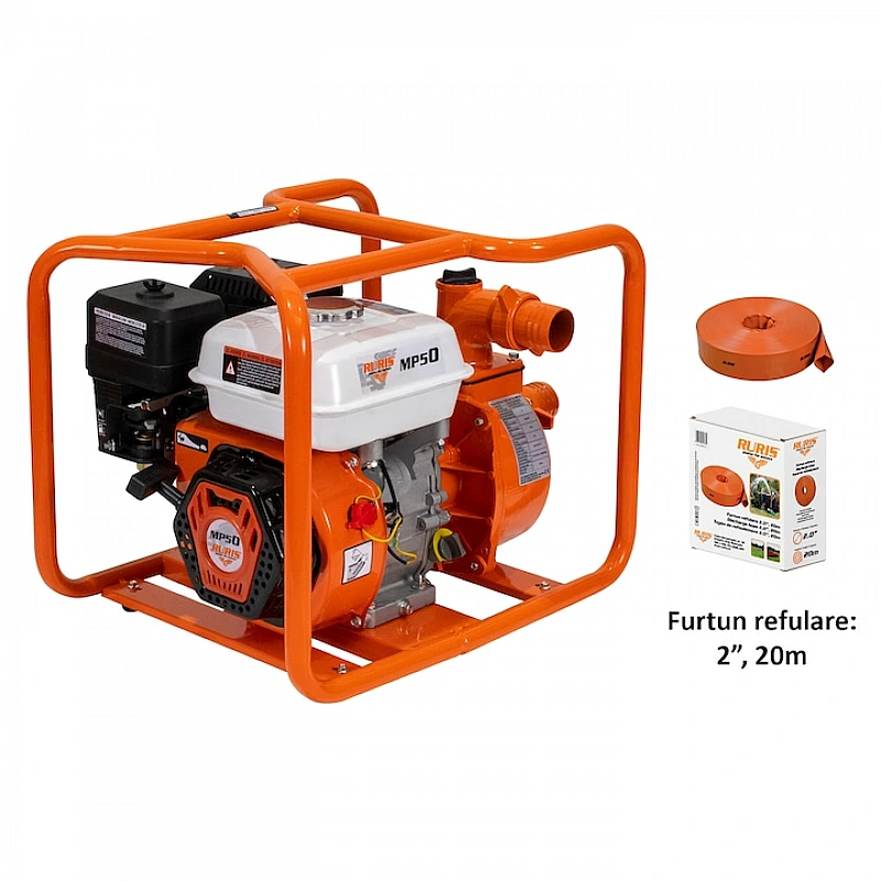 Motopompa RURIS MP50, motor benzina General Engine, 4 timpi, 212 CC, 7 CP, furtun refulare 2 inch, 20 m, absorbtie 8 m, refulare verticala 25 m