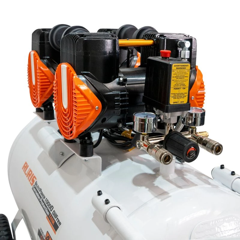 Compresor Silentios RURIS Silent Power 10000 OilFree – 3000W, 100L, 528 l/min, 8 Bar, Fara Ulei, 2 Cilindri, 2 Iesiri, Protectii Multiple