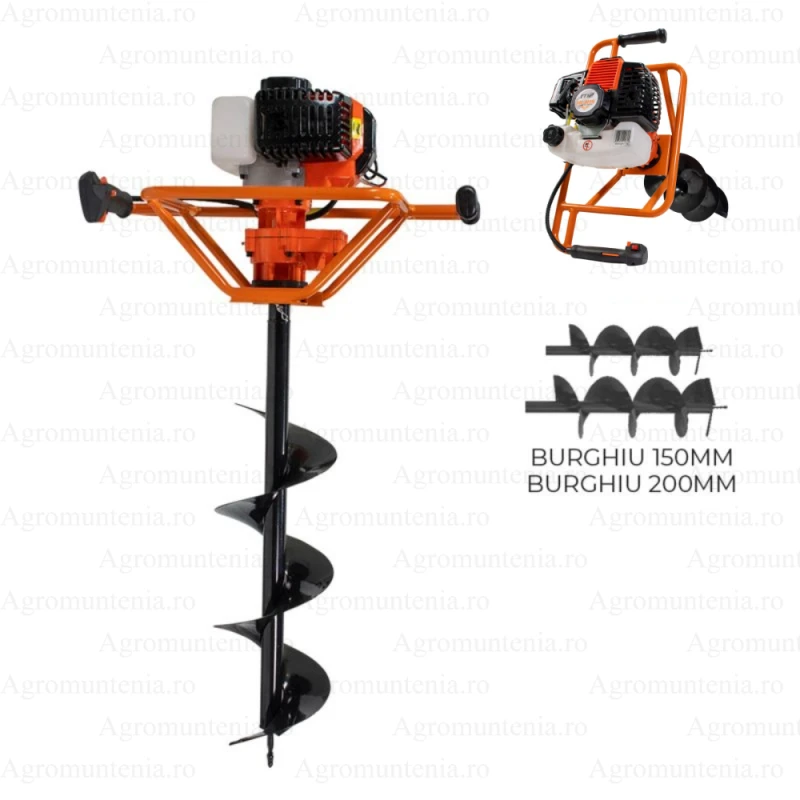 Motoburghiu de pamant RURIS TT12, motor pe benzina TEZ, 2 timpi, 51.7 CC, 2.3 CP, diametru burghie 150 mm, 200 mm