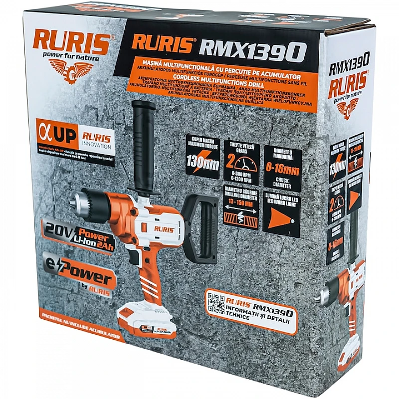 Masina de gaurit multifunctionala pe acumulator RURIS RMX1390 Power Alfa UP, 130 Nm, 2 viteze, 0-1200 rpm, mandrina 3-16 mm, 1 x acumulator 20V, 2Ah, incarcator