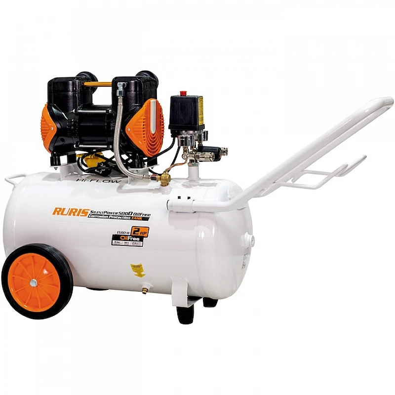 Compresor Silentios RURIS Silent Power 5000 OilFree – 1500W, 2CP, 50L, 236 l/min, 8 Bar, Fara Ulei, 2 Cilindri, 2 Iesiri, Protectii Multiple