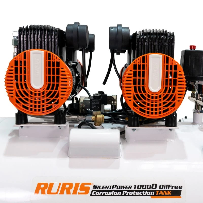 Compresor Silentios RURIS Silent Power 10000 OilFree – 3000W, 100L, 528 l/min, 8 Bar, Fara Ulei, 2 Cilindri, 2 Iesiri, Protectii Multiple