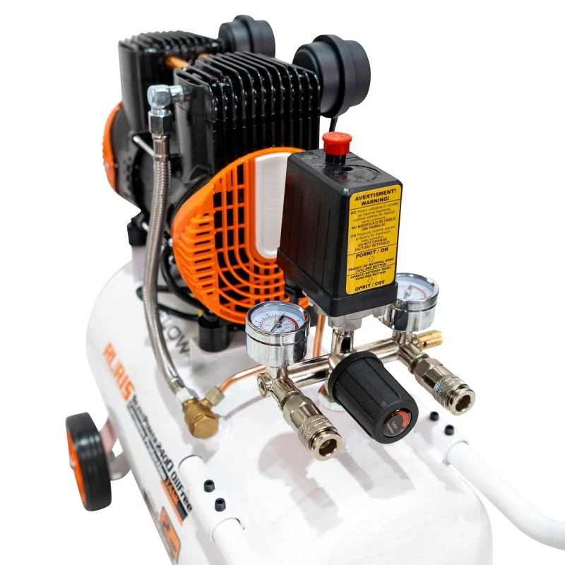 Compresor Silentios RURIS Silent Power 2400 OilFree – 1500W, 2CP, 24L, 236 l/min, 8 Bar, Fara Ulei, 2 Cilindri, 2 Iesiri, Protectii Multiple
