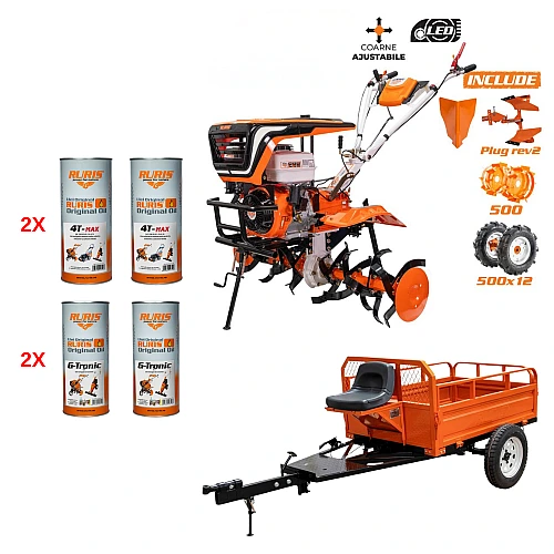 Motosapa RURIS 915ACC, 15 CP, 420 CC, 4 timpi, latime lucru 110 cm, adancime lucru 36 cm, roti cauciuc, rarita, plug reversibil, roti metalice, remorca 550s, ulei