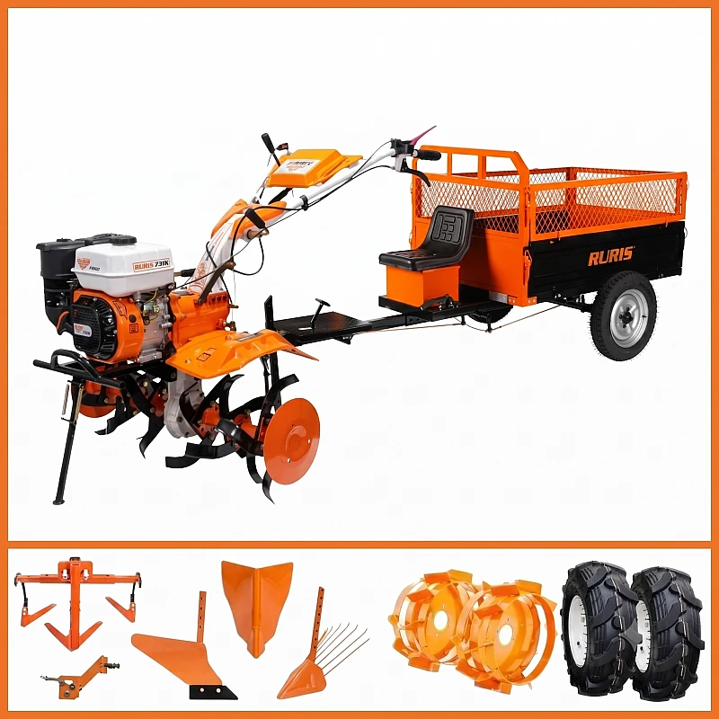 Motosapa RURIS 731ACC3, roti cauciuc 5.00-8, rarita, plug, adaptor, dispozitiv scos cartofi, roti metalice, cultivator, Remorca TTS500, 500 kg