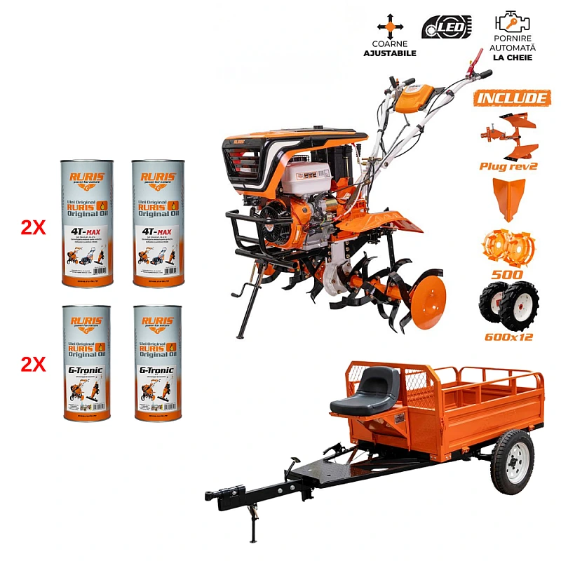 Motosapa RURIS 918ACC, 18 CP, 4 timpi, 460 cc, roti cauciuc 6.00-12 + rarita + plug reversibil rev2 + roti metalice 500 + remorca ruris 550s, ulei