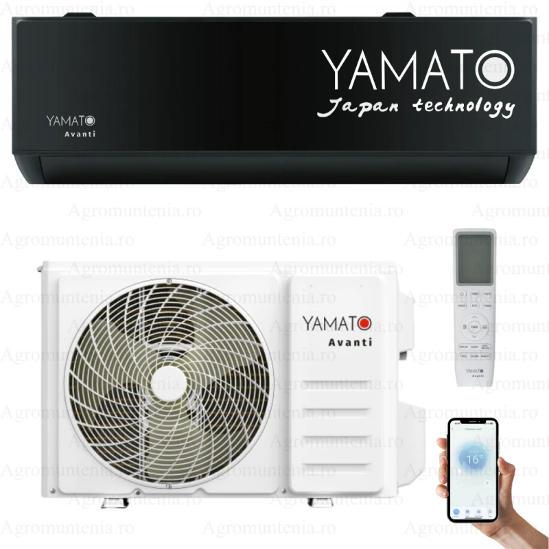 Aer conditionat Yamato Avanti YW12T3B, 12000 BTU, Black, Clasa A++/A+, Inverter, Wi-Fi, Golden Fin + Kit instalare inclus, incalzire si racire